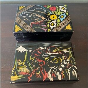 Polish Folk Art Wood Carved Trinket Boxes